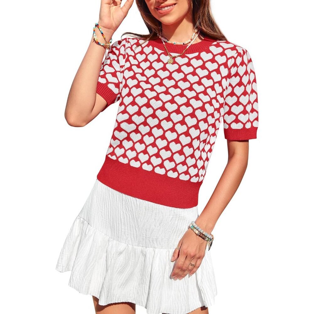 Women Puff Sleeve Sweater Cropped Knit Top Valentine's Day Cute Heart